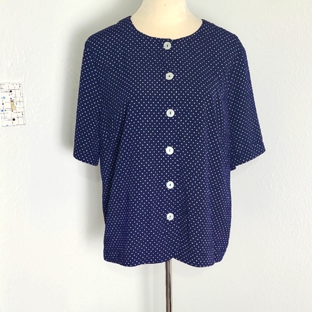 Vintage Koret Navy & White Polka Dot Button-Down Blouse with Short Sleeves Sz XL